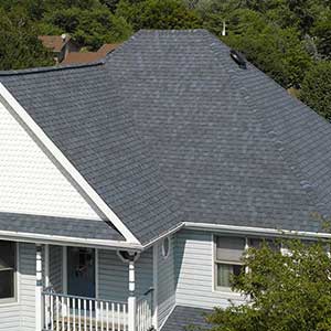 Close up of a residential roof with gray CertainTeed shingles installed